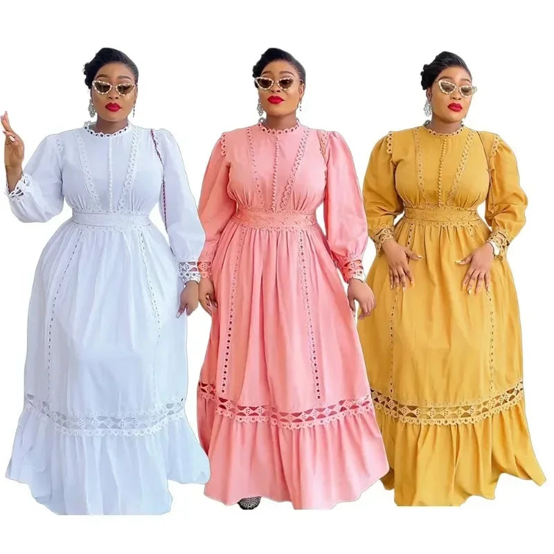 White Lace African Dresses for Women Plus Size Ankara Dashiki Africa Clothing Turkey Robe Dubai Abaya Kaftan Outfit Evening Gown