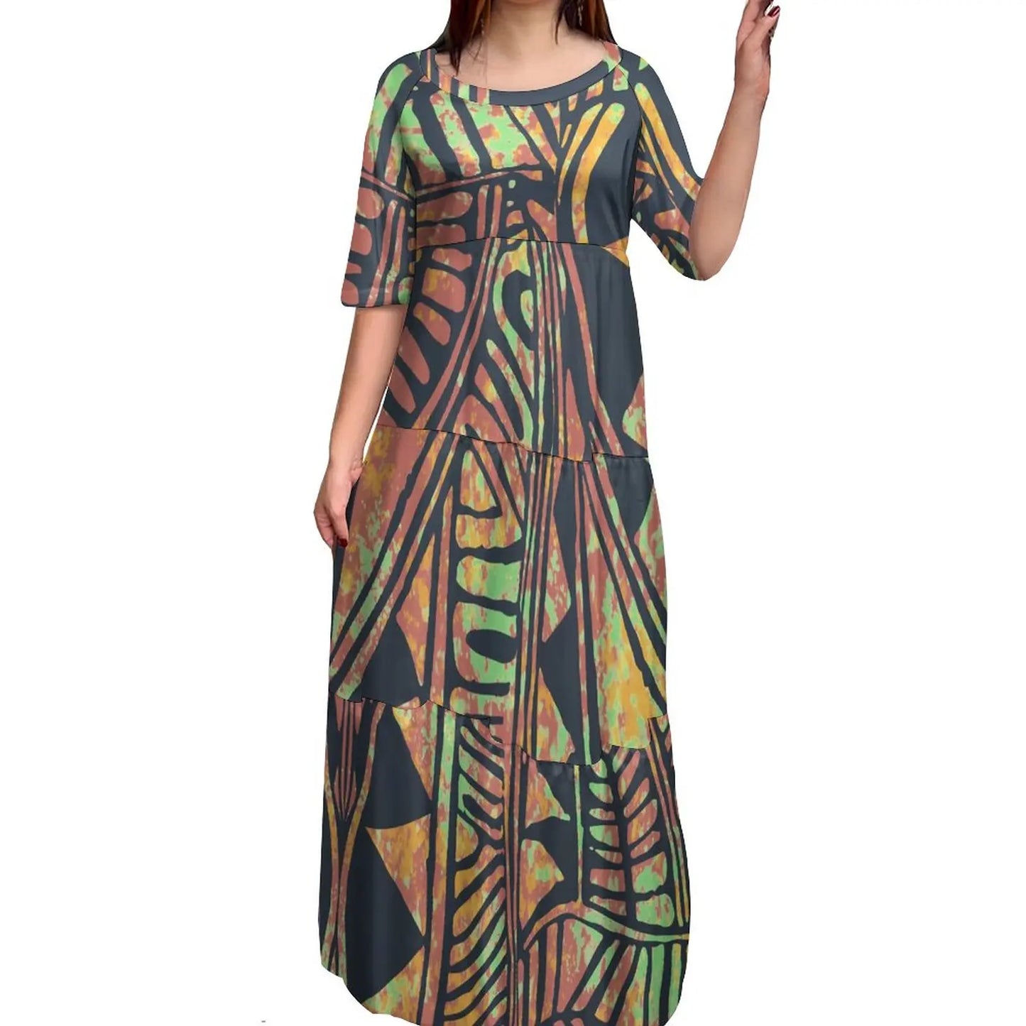 Maxy Customize Printed Logo Oem Dress Brown Polynesian Tribal Tattoo Dresses Ladies Flare Sleeve Round Neck Casual Mini Bodycon Dress