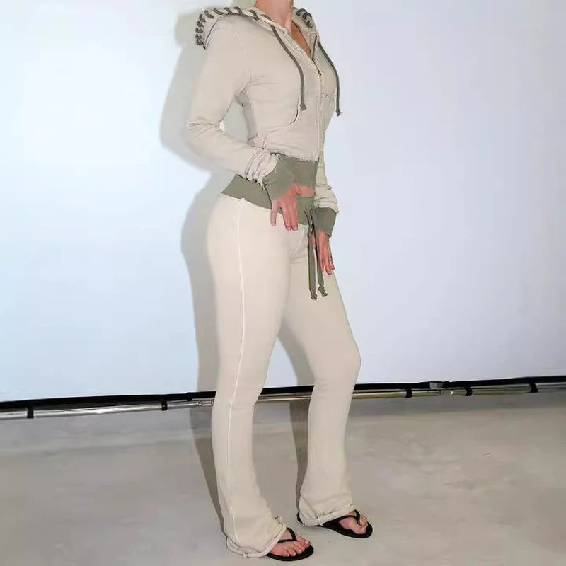 Maxy 2 Two Piece Lounge Set Women Clothing Elegant Tracksuit Drawstring Hoodie Zip Crop Jacket and Flared Pants Outfit Matching Sets