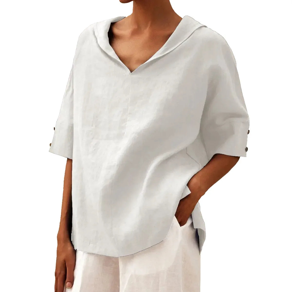 Maxy Women's Loose V-Neck Cotton Linen Shirt, Casual Elegant Summer Blouse Office Wear