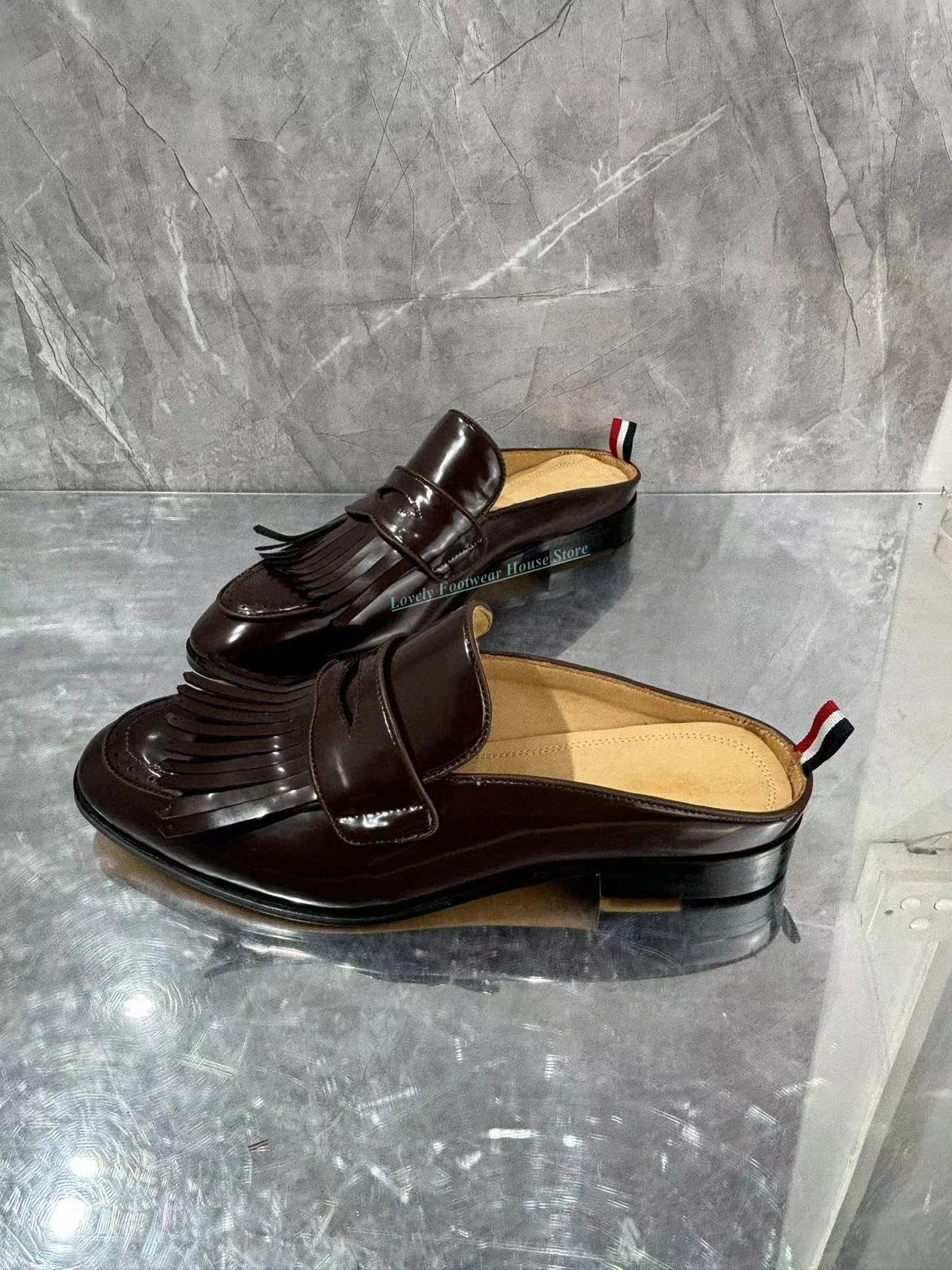 Visco Fashion Men's Fringe Decoration Genuine Leather Mules Shoes Comfortable Slip On Round Toe Male Summer Brown Slippers Shoes