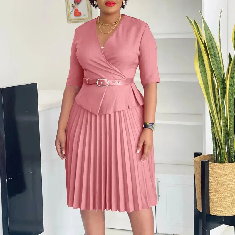 Amay Dresses for Women Fashion Half Sleeve V-neck Polyester Pleat Midi Dress Dashiki African Clothes Women Outfits