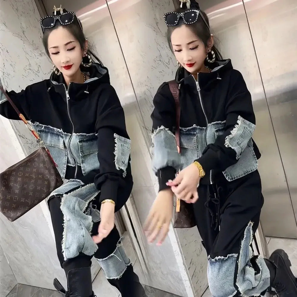 Babs Autumn Denim Women's Pant Set Splice Fashion Loose Oversized Hooded Jacket + Pencil Jeans Two Piece Sets 6XL Trousers Suits