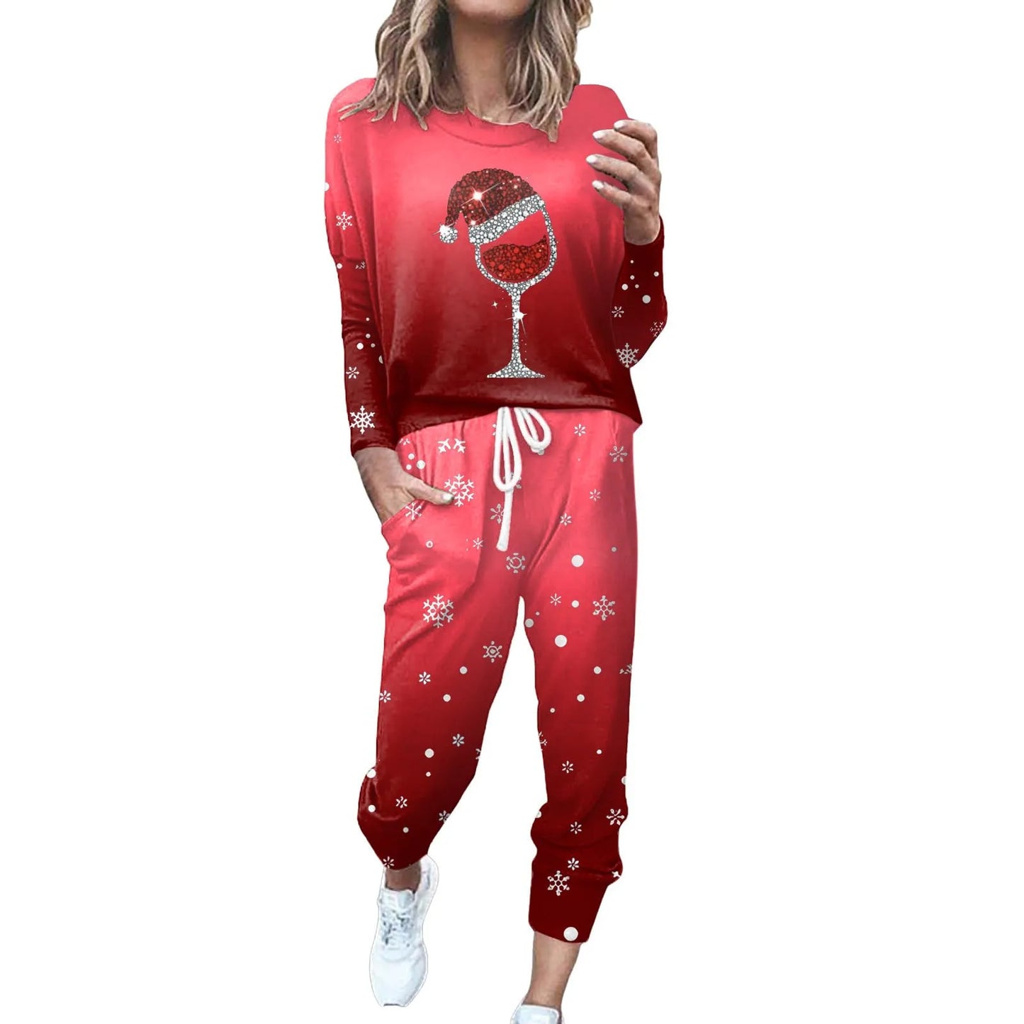 Maxy Hot Sale Christmas Print Set Trend Women'S Tracksuit Fashion Set Outfits Party Suit Long Sleeve Top +Pants Two-Piece Set