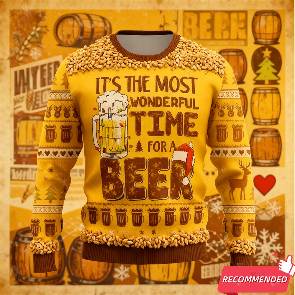 Maxy Fashion Beer Ugly Christmas Sweater For Women Funny Cartoon Santa Mens Ugly Sweater Xmas Holiday Crew Neck Men's Sweatshirt