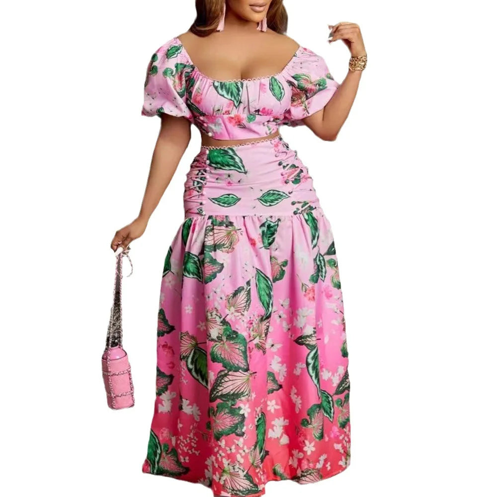 Maxy Summer Women's Suit Fashion Casual Short Top And Comfortable Long Skirt Sets Print Femininity Commuter Two-Piece Set