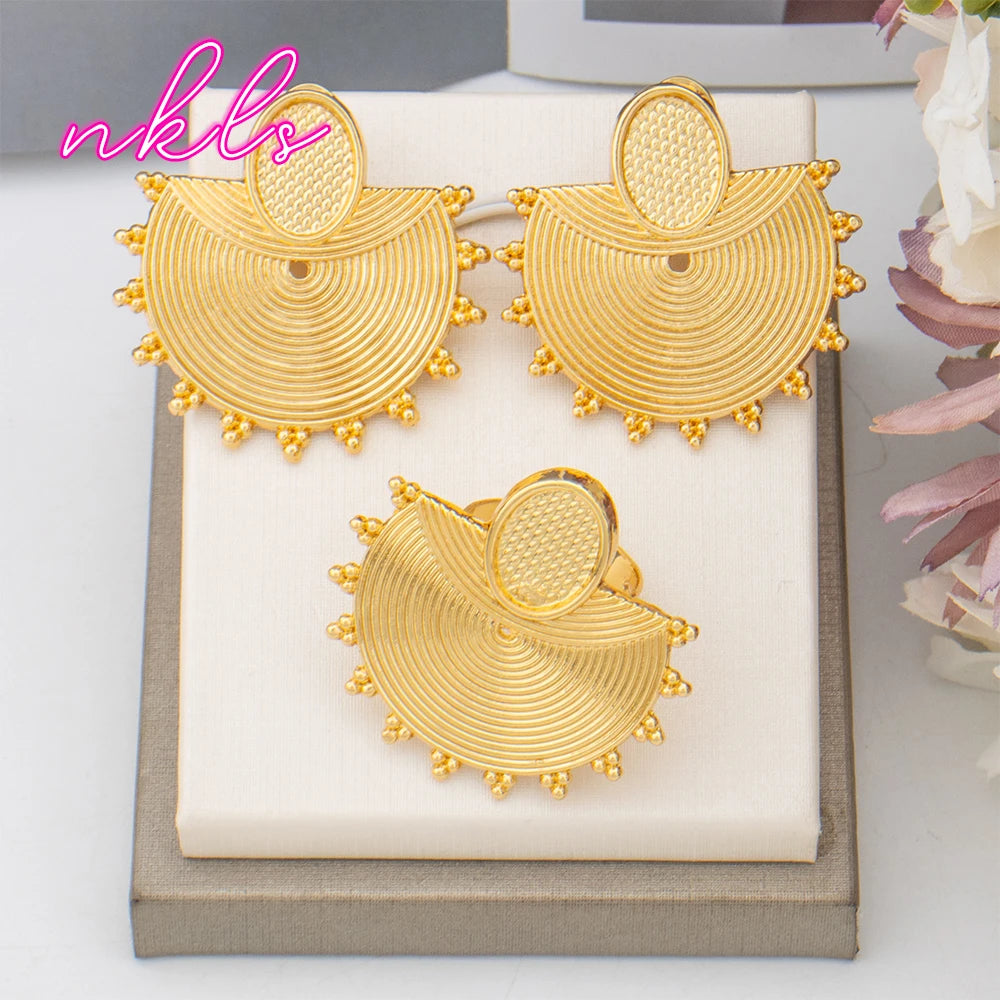 Maxy Gold Color Fashion Earrings and Ring Set Dubai Trend Jewelry Set for Women Luxury Bride Wedding Jewelry Daily Wear Party