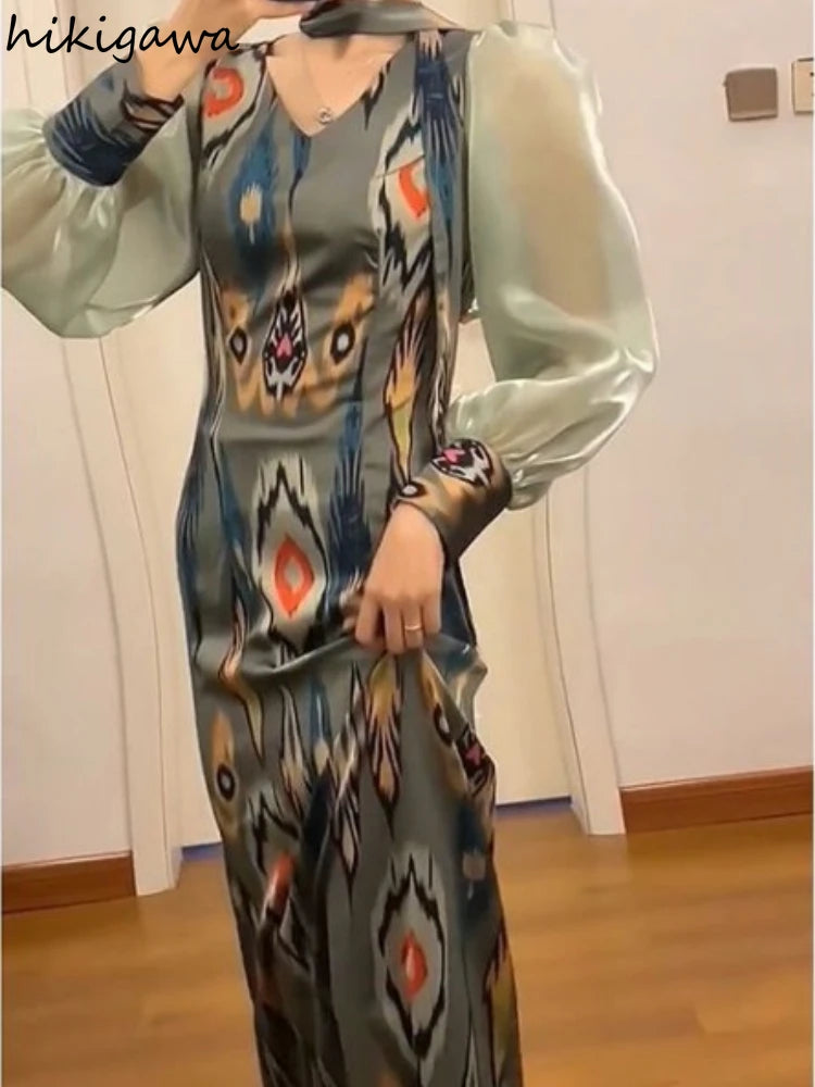 Maxy Dresses for Women Temperament Print Robe Femme V-neck Puff Sleeve Tunic Vintage Summer Dress
