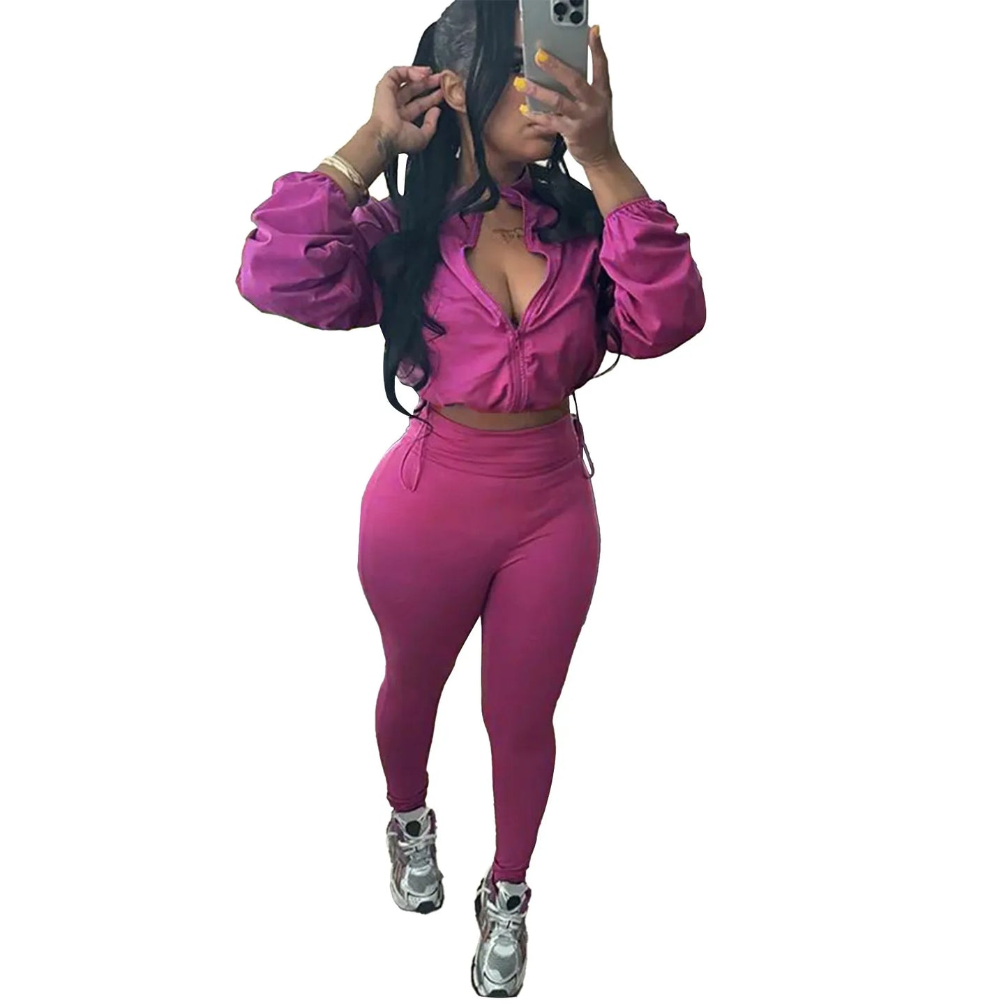 Maxy 2 Pieces Women's Sets Summer Autumn Solid Color Zipper Suit Tops And Pants Suits Two Piece Set Tracksuit Outfit