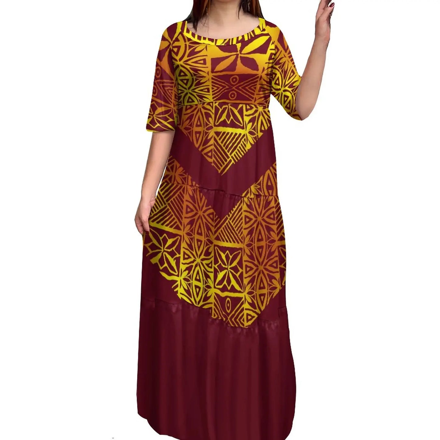 Maxy Customize Printed Logo Oem Dress Brown Polynesian Tribal Tattoo Dresses Ladies Flare Sleeve Round Neck Casual Mini Bodycon Dress