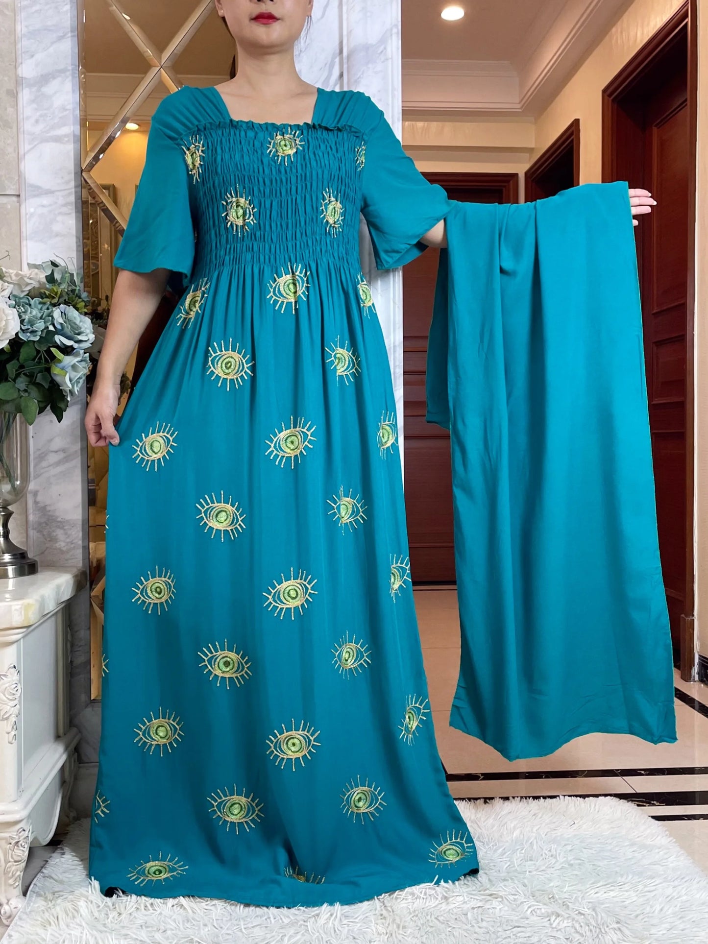 Maxy Summer Fashion Casual Dress Collect Waist Embroider Short Sleeve Loose Woman Maxy Islam African Women Abaya Clothes