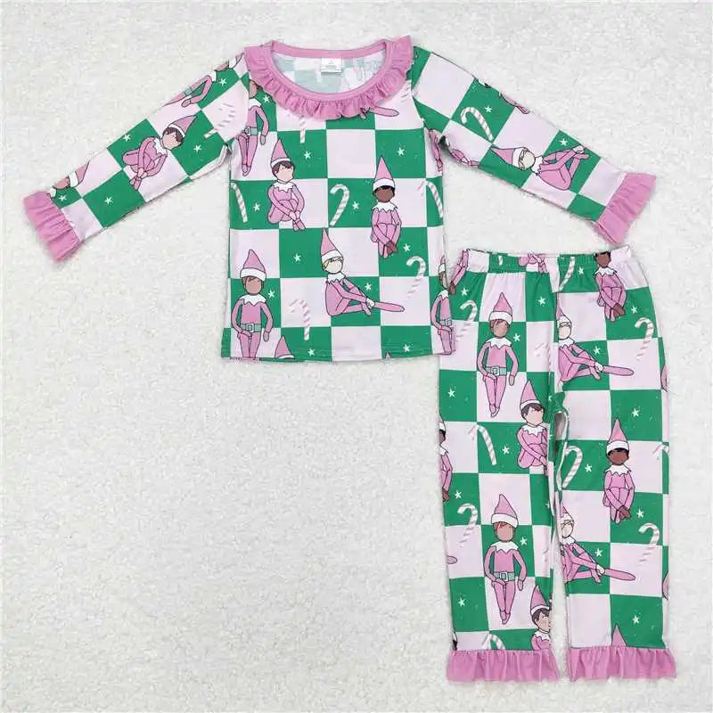 Maxy Winter Fashion Match Children Christmas Cane Green and White Plaid Long Sleeve Long Pants Pajama Set Wholesale Pajamas Romper