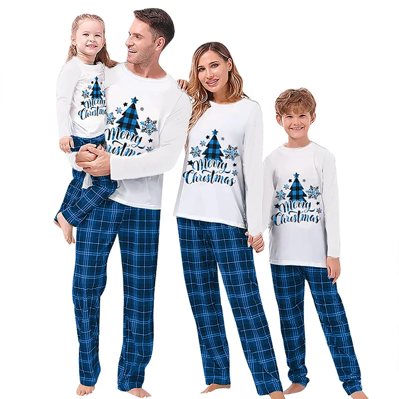 Max Family Matching Pajamas Loungewear Set Christmas Tree Letter Print Long-Sleeved Tops+Plaid Trousers Sleepwear Outfits