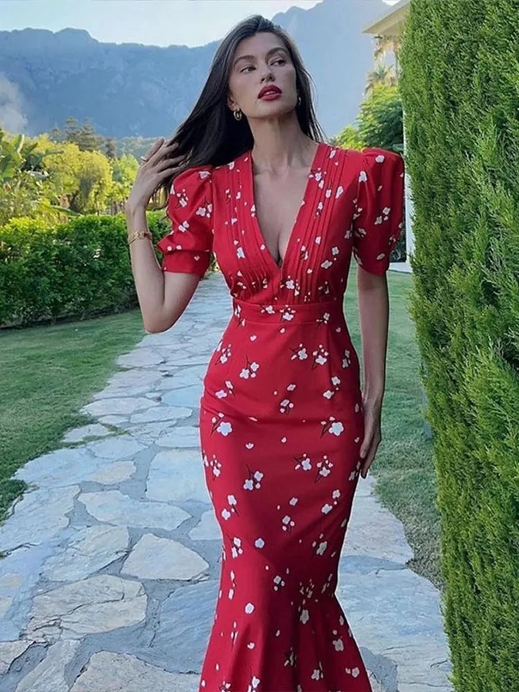Maxy Print Deep V Shoulder Pad Long Dress Women Elegant Short Sleeve Waist Cinching Hip Package Sheath Party Dresses New Summer Robes
