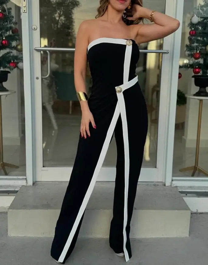 Amay Women's Romper Spring Colorblock Asymmetric Bandeau Sleeveless Slim Fit Button Jumpsuit Night Club Streetwear One Piece