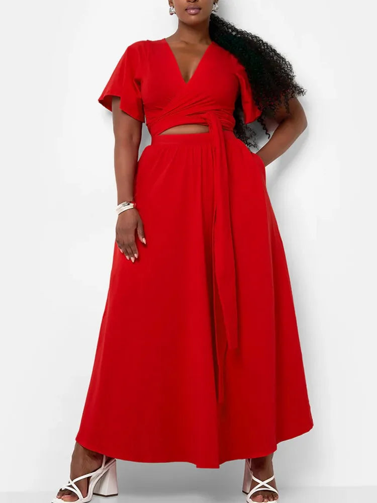 Maxy Two Piece Set Plus Size Clothes Spring Summer V-Neck Short Sleeve Top Maxy Skirt Women Sets Streetwear Casual Office Lady Suit