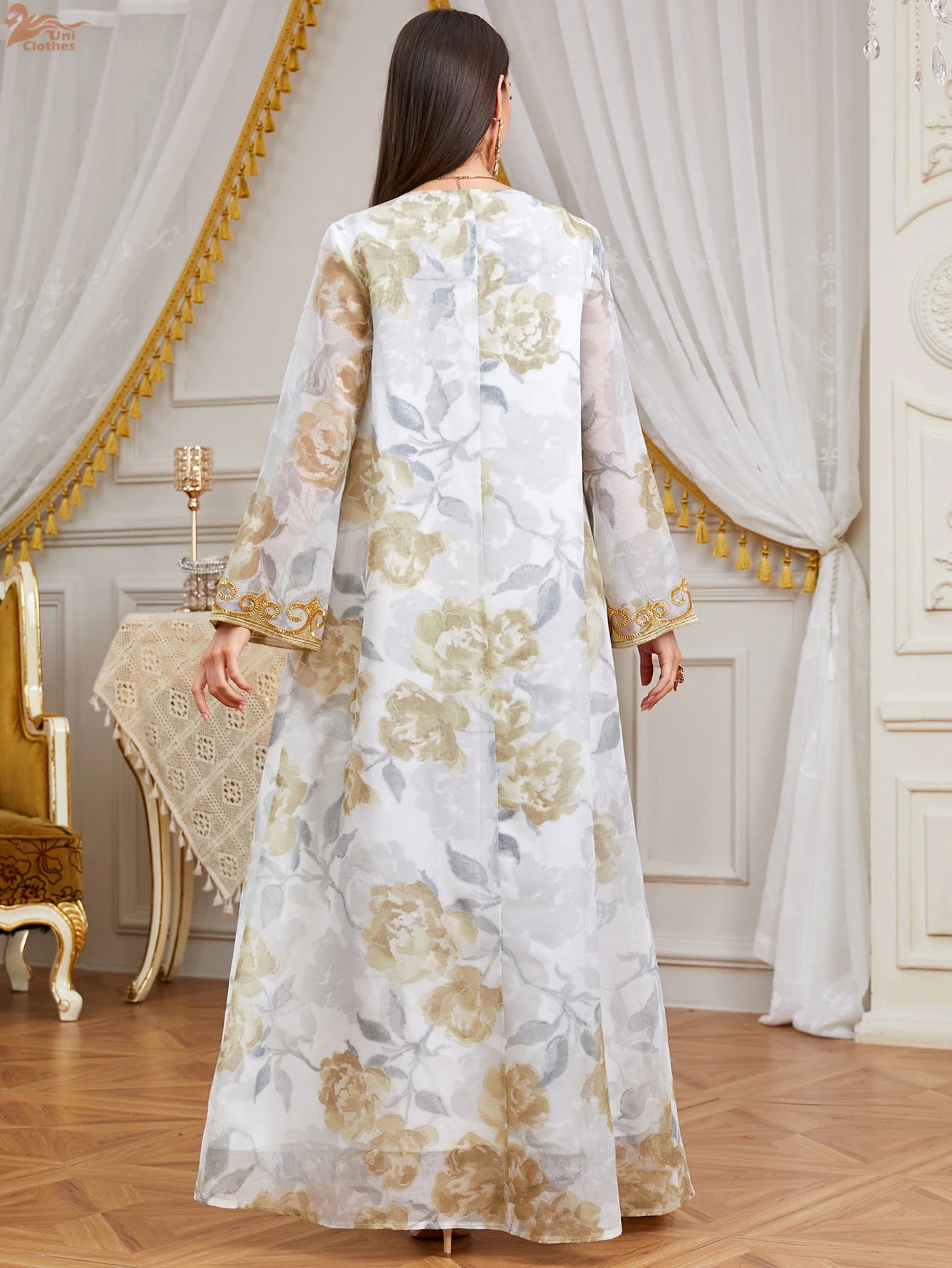 Zahraa 2026 Eid Muslim Beaded Printed Long Dress Elegant Modest Abaya Islam Clothing Dubai for Woman Party Dresses Jalabiya Gown