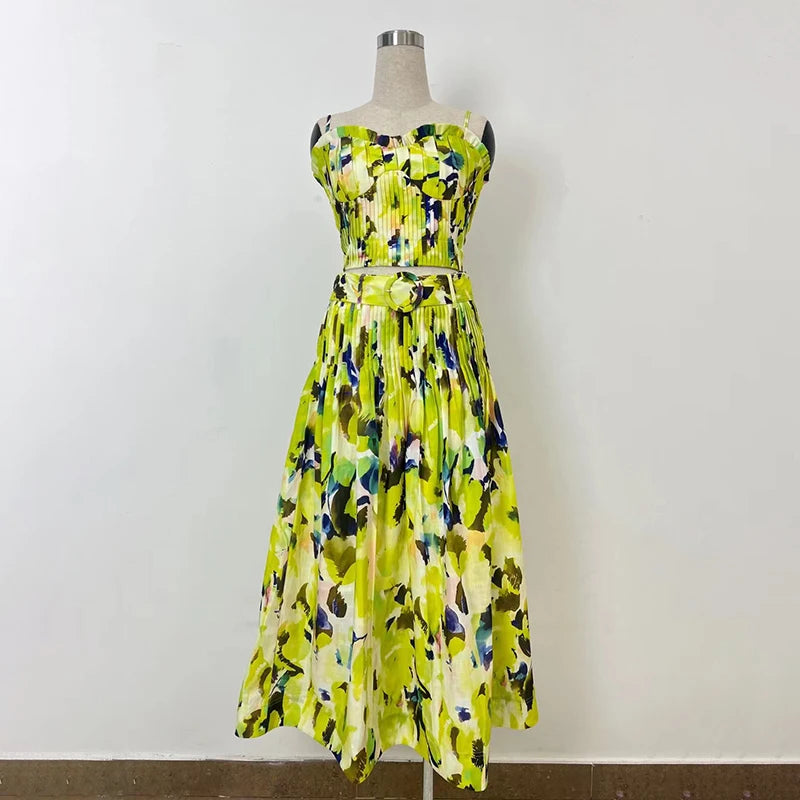 Amay Printing Elegant Two Piece Set For Women Strapless Sleeveless Mini Top High Waist Spliced Belt Skirt Slimming Sets Female