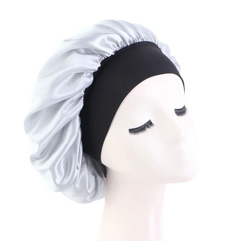 Maxy Women's Satin Solid Bonnets Wide-brimmed Night Sleeping Bathing Hat Unisex Head Wrap Elastic Band Cap Hair Care Bonnet