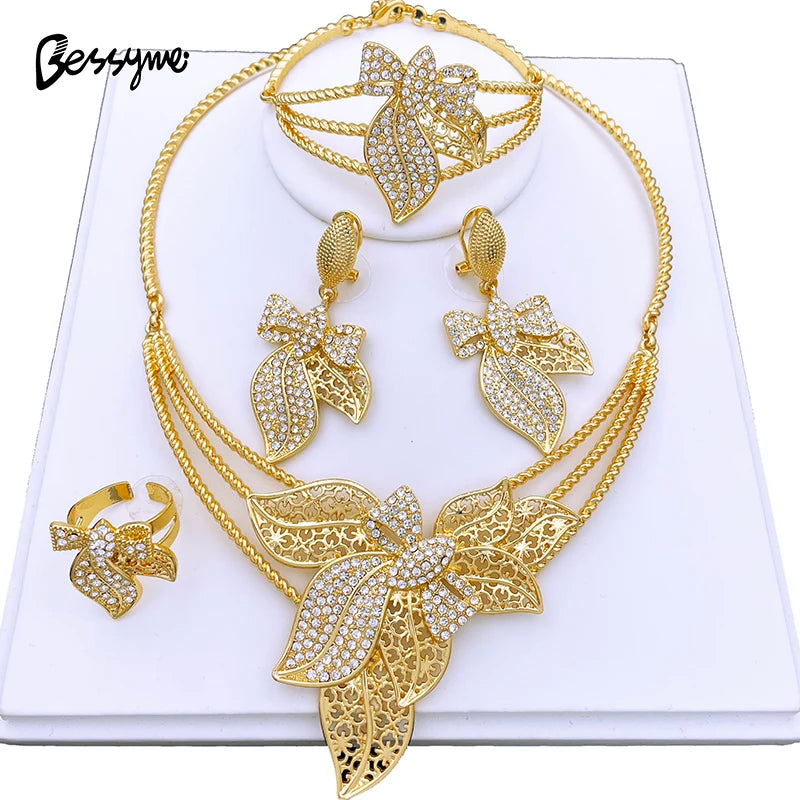 Vintage Women Jewelry Set Dubai Necklaces Earrings Ring Bracelet 18K Gold Plated 4Pcs Jewelry Nigeria Trending High Quality