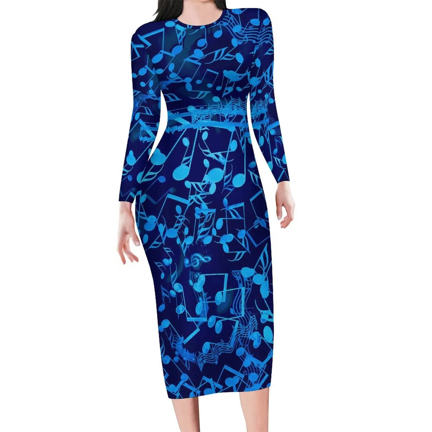 Amay Rainbow Music Notes Dress Long Sleeve Retro Print Kawaii Dresses Autumn Ladies Aesthetic Custom Bodycon Dress 3XL 4XL 5XL