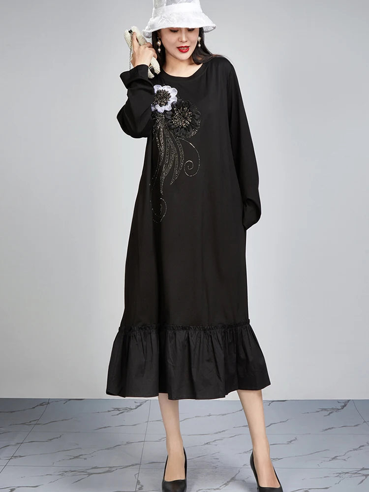 Maxy SHENGPALAE Trendy Embroidered O-Neck Long Sleeve Straight Tube Robe Summer New Versatile Loose Elegant Women's Dress 5C1368