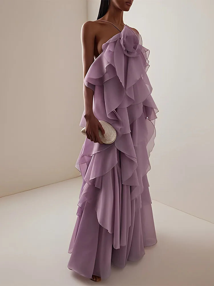 Maxy TWOTWINSTYLE Solid Spliced Ruffles Elegant Dresses for Women Halter Sleeveless High Wasit Backless Loose Dress Female Fashion