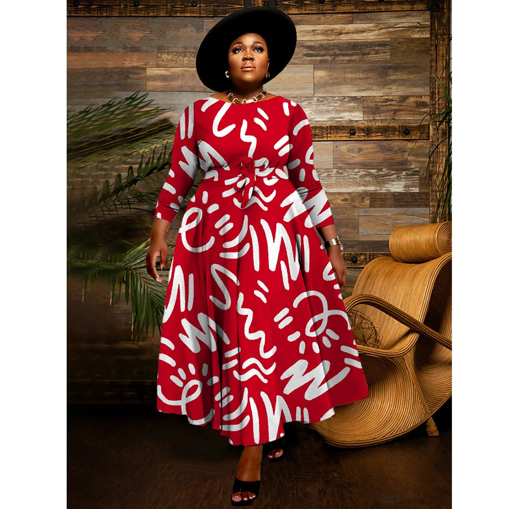 Amay Plus Size Print Elegant Dress Autumn Winter Female Loose Wide Long Robe Women Fashion Casual Cloth Large Size Party Dress