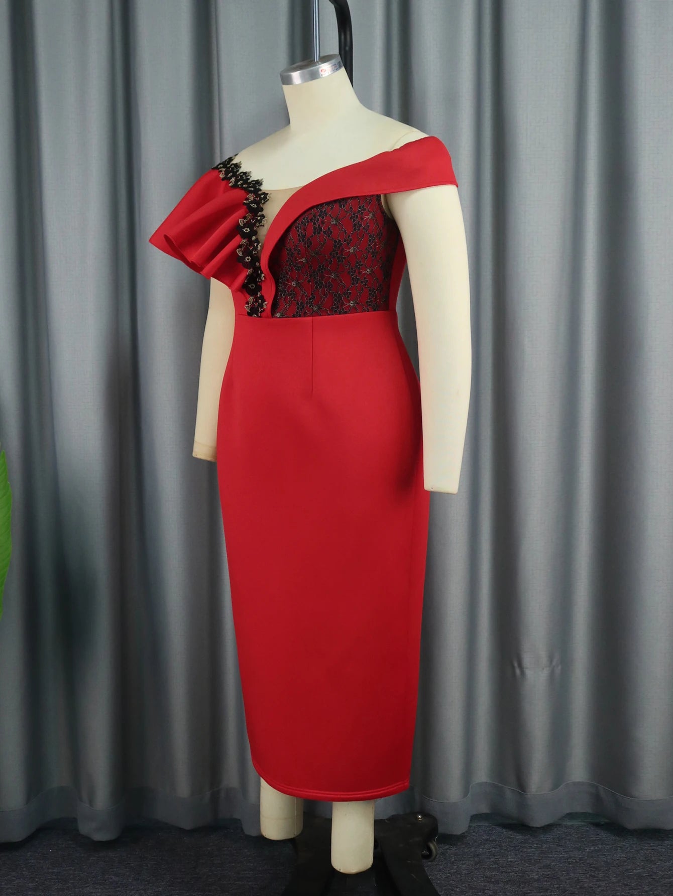 V Neck Dress for Women Lace Patchwork Off Shoulder Ruffles Appliques Red Party Wedding Birthday Celebrity Midi Gowns Outfits