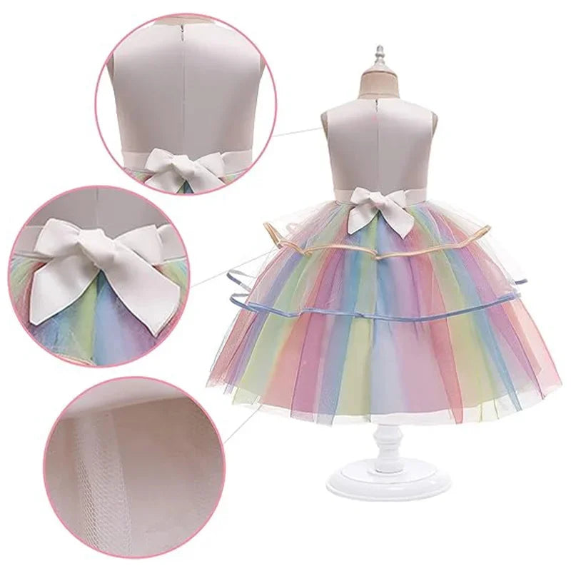 Maxy Children's Unicorn Princess Dress For Birthday Girls Party Dresses Elegant Rainbow Evening Dress Festive Performance Costume