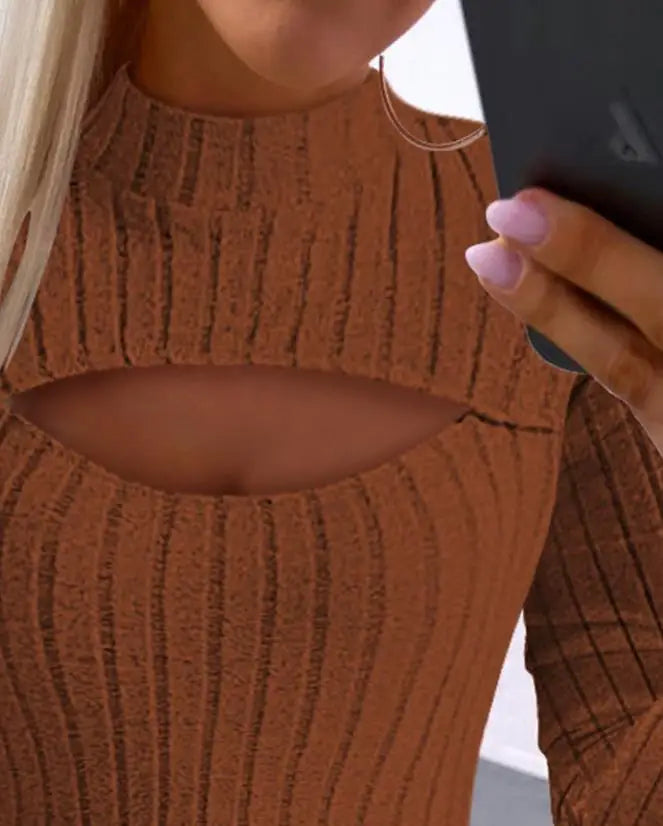 Maxy Standing Collar Hollow Out Long Sleeve Rib Top New Fashion Hot Selling Women's Autumn and Winter