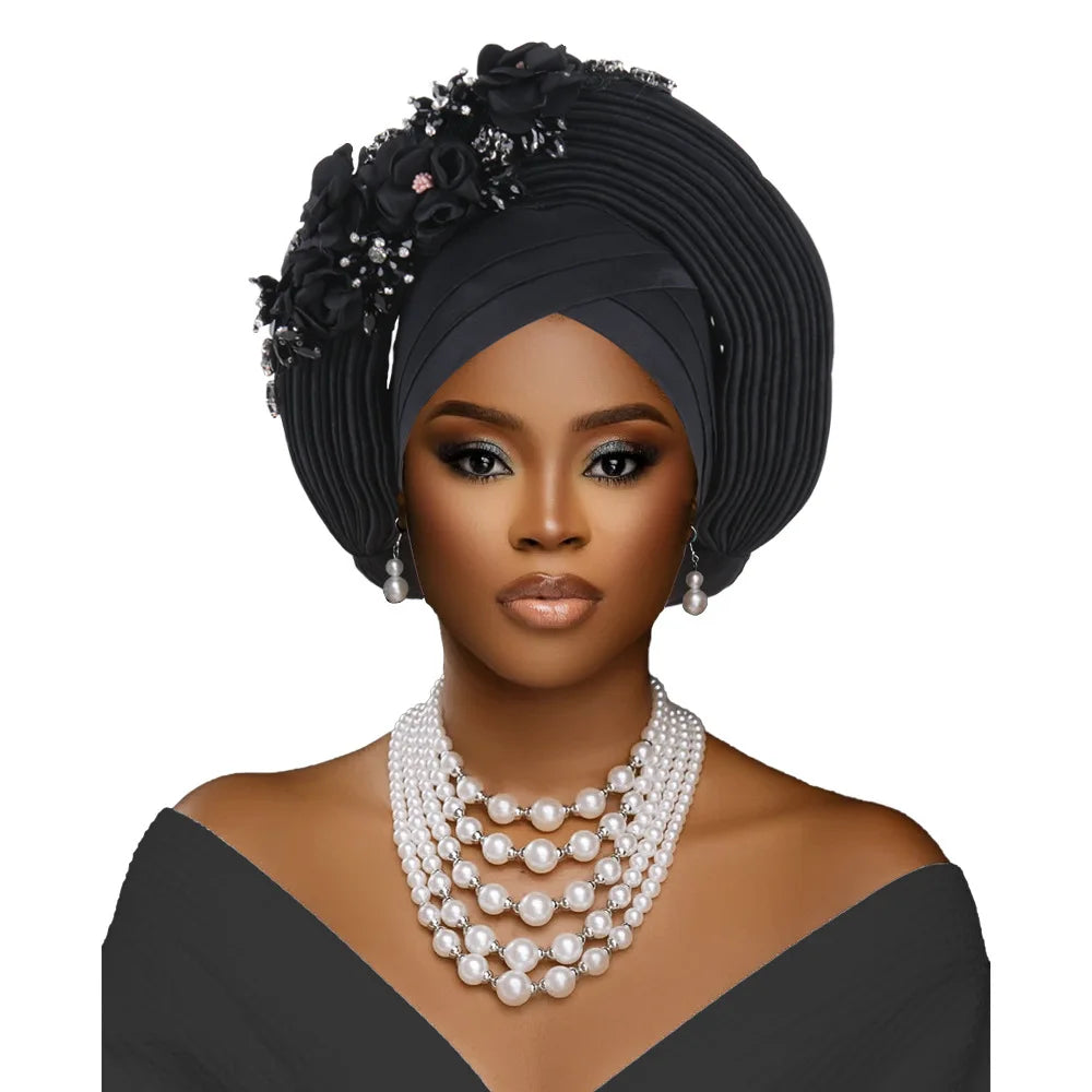 Maxy Fashion African Head tie Turban Nigeria Head Ties Flowers Already Made Auto Gele Women Head Wraps for Wedding Party Headpiece New