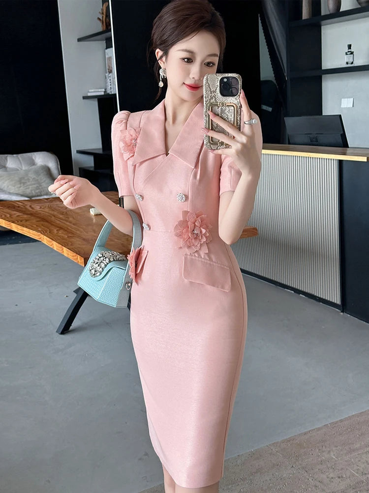 Maxy New Elegant Summer Fashion Pink Business Formal Occasion Dress Women Bubble Sleeve Slim Pencil Party Prom Vestido Street Clothes