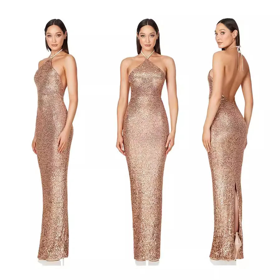 Maxy Lower Split Elegant Dress Women For Wedding Party Cocktail Prom Dress Sequin Neck Hanging Sexy Long Formal Evening Dresses Hxy9