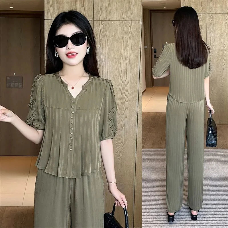 Maxy Short Sleeved Oversized Slimming Stylish Casual Summer Set Korean Version Sun Protection Suit For Women Shirt+Pant Two-Piece Set