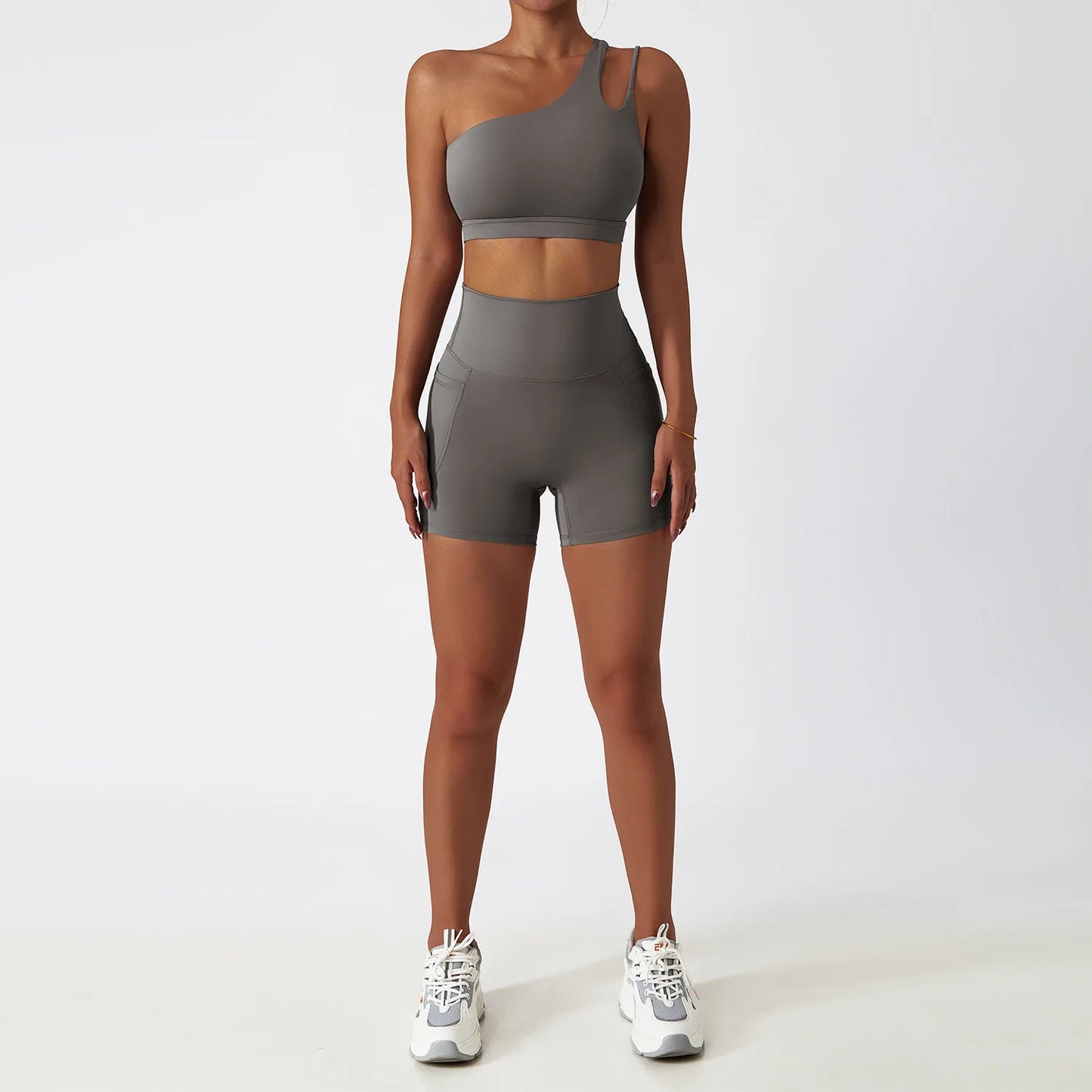 Maxy Sportswear Yoga Set Quick-Dry Tight Suit With Pocket Sports Women Tracksuits Asymmetric Shoulder Running Gym Leggings