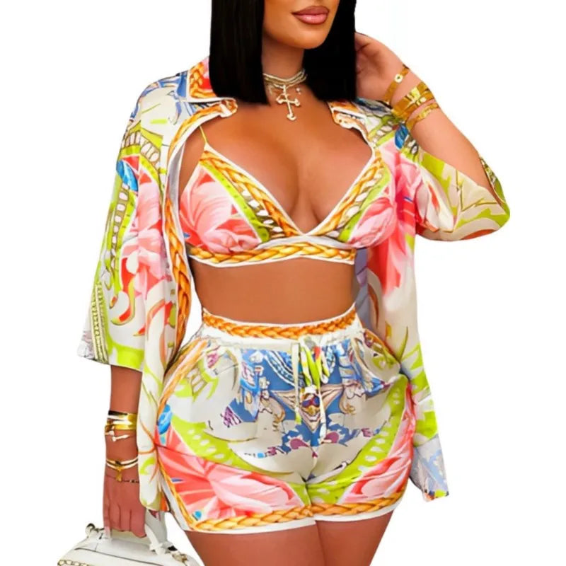 Maxy Women Printed Beach Style 3 Piece Sets Summer Lapel Three Quarter Sleeve Blouse+Bra+Shorts Matching Holiday Outfit Clothing