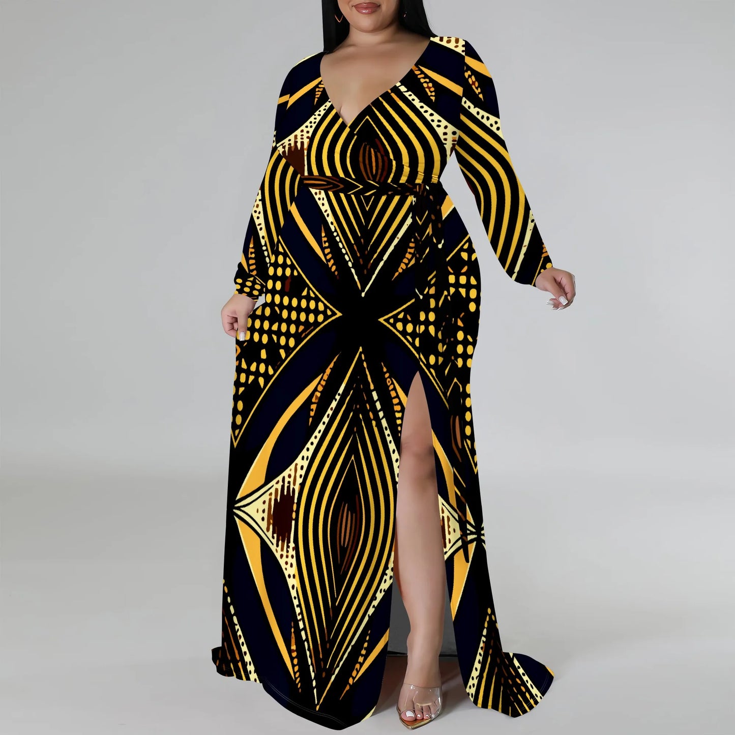 Amay Plus Size Long Sleeve Abstract Print Wrap Maxy Dress for Women, Elegant Dress with Side Slit for Evening Wear