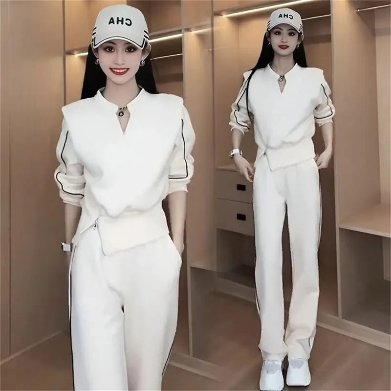 Maxy Fashion Leisure Sports Sets Women's New Korean Version The Spring and Autumn V-neck Split Sweater Two-piece Suit Ladies