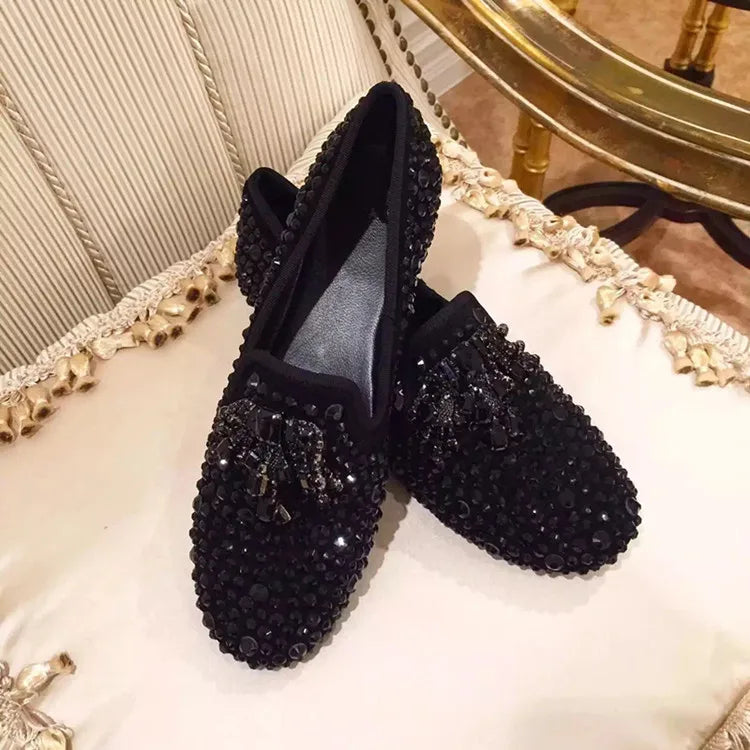 Visco Spring Gold Black Handmade Rhinestone Men Shoes Crystal Loafers Male Luxury Party Wedding Shoes Slip on Men's Flat shoes
