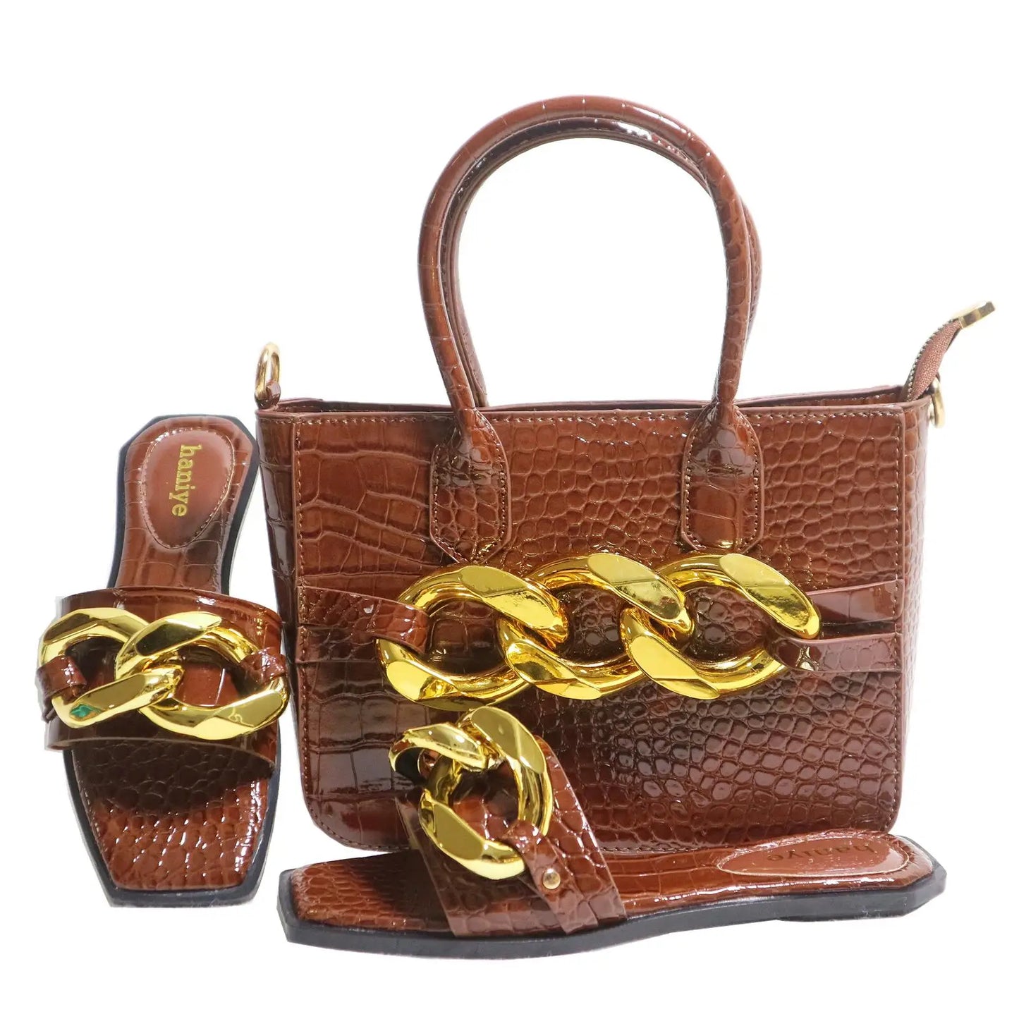 Maxy Big Metal Chain Decoration PU Handbags Matching Square Toe Flats Slippers Stone Pattern Shoes And Bag Set
