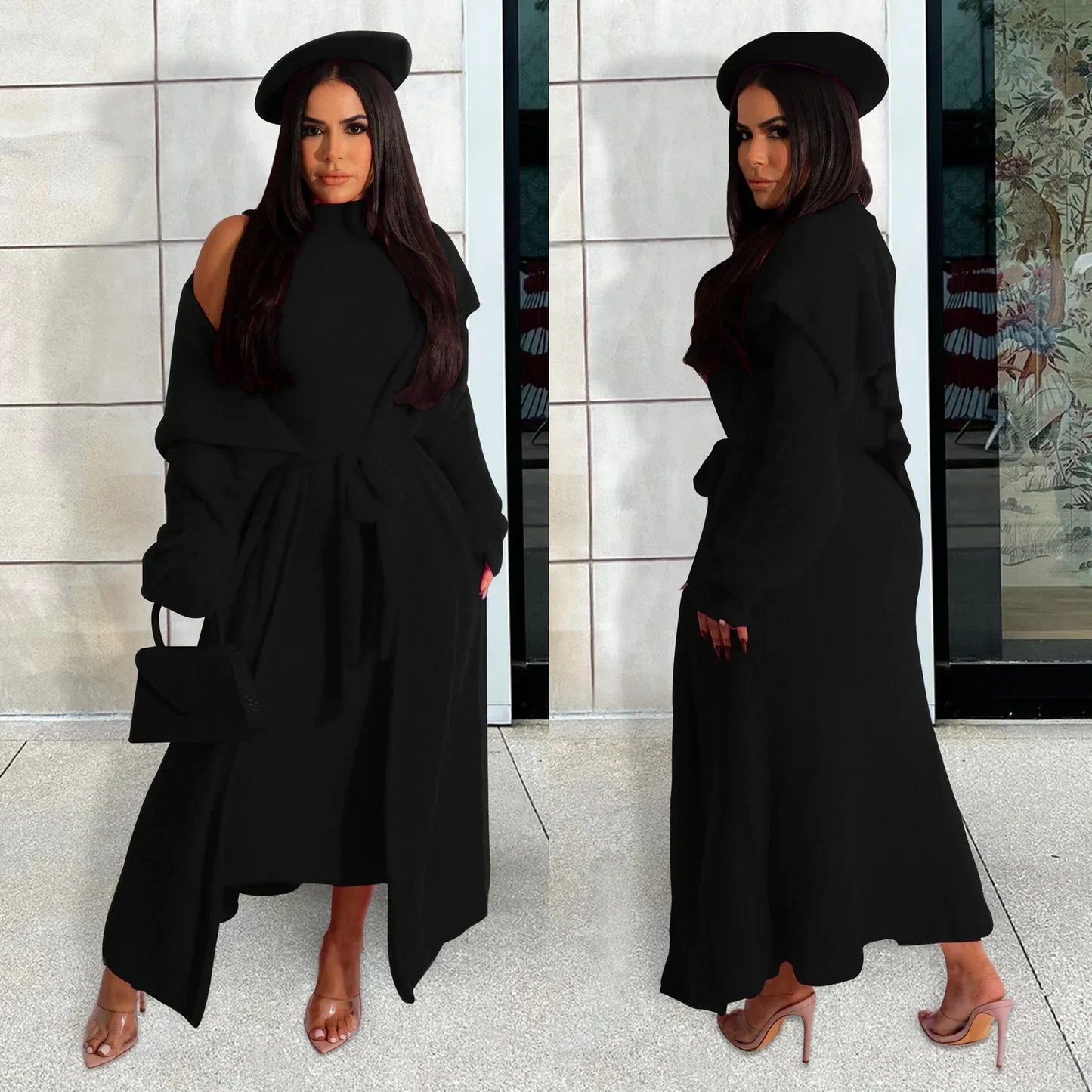 Maxy Women Dress Sets Two Piece Long Sleeve Round Neck Cardigan Solid Color Elastic Waist Casual Slim Fit Patchwork Autumn Belt
