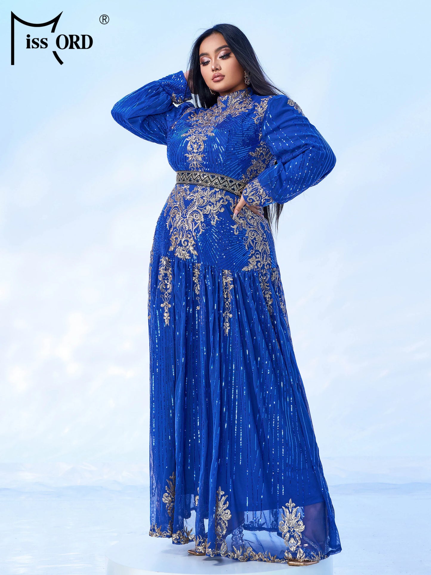 Momsey New Blue Plus Size Muslim Round Neck Long Sleeved A Line Gown Evening Women Wedding Birthday Party Large Maxy Dress
