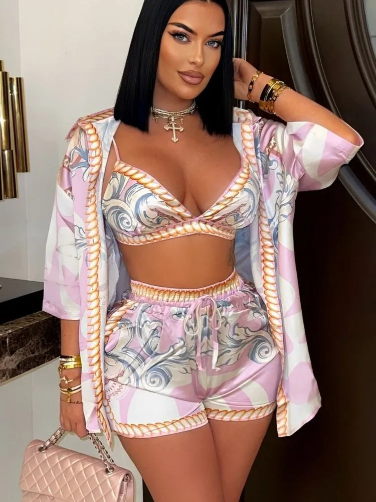 Maxy Women Printed Beach Style 3 Piece Sets Summer Lapel Three Quarter Sleeve Blouse+Bra+Shorts Matching Holiday Outfit Clothing