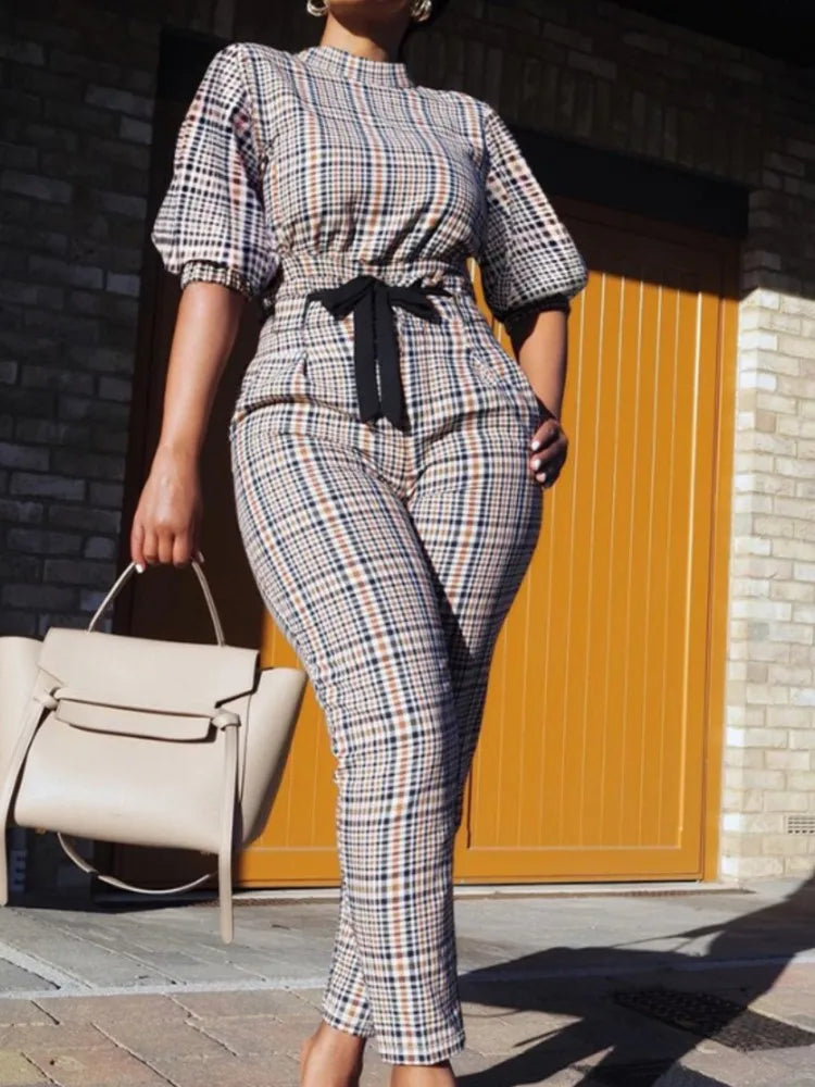 Maxy Fashion Plaid Print Two Pieces Sets Women's Autumn Lanntern Sleeve Top & High Waist Tied Slim Long Pants Casual Streetwear Set