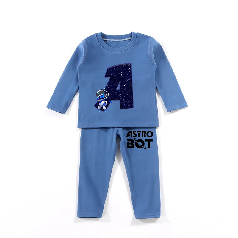 Maxy Astro Bot Kids Pajamas Set Anime Printed Letter Autumn Winter Warm Shirt Tops Boys Girls Children Clothing Nightshirt Gift