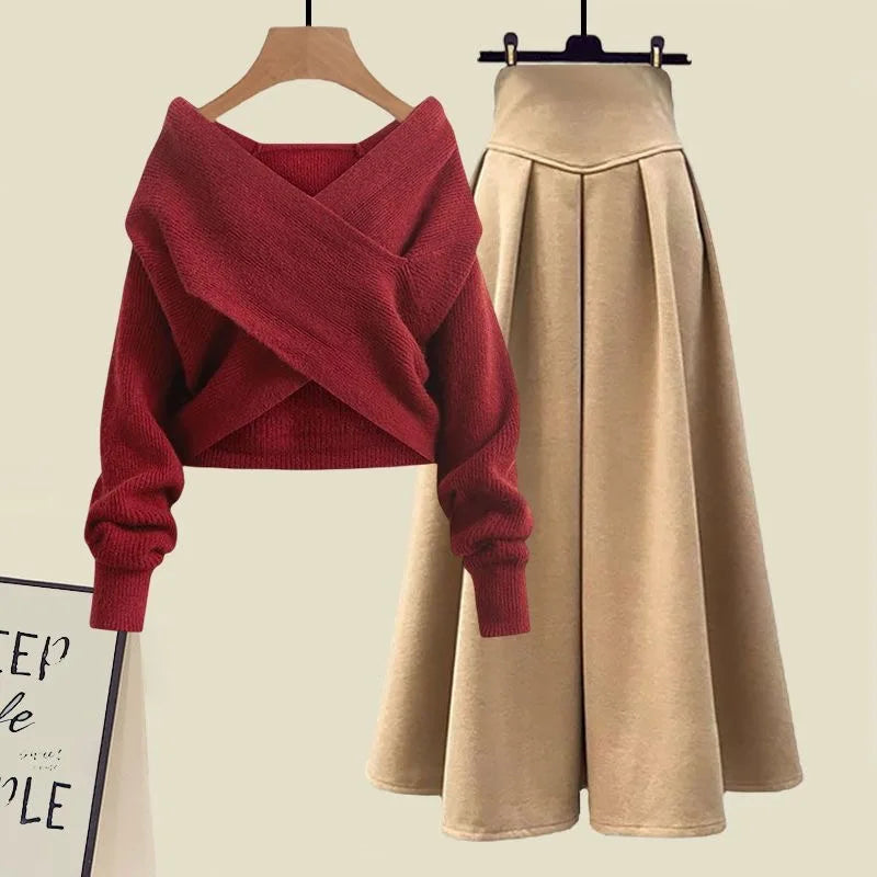 Maxy Style Autumn New Chest Cross Knitted Sweater Pullover Pleated Half Skirt Two-piece Set Fashionable Women's Skirt Set