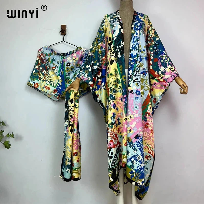 Maxy new summer beach two piece set for women Bohemian Print long Sleeve trab Dress Women Floor Length New vacation kimono