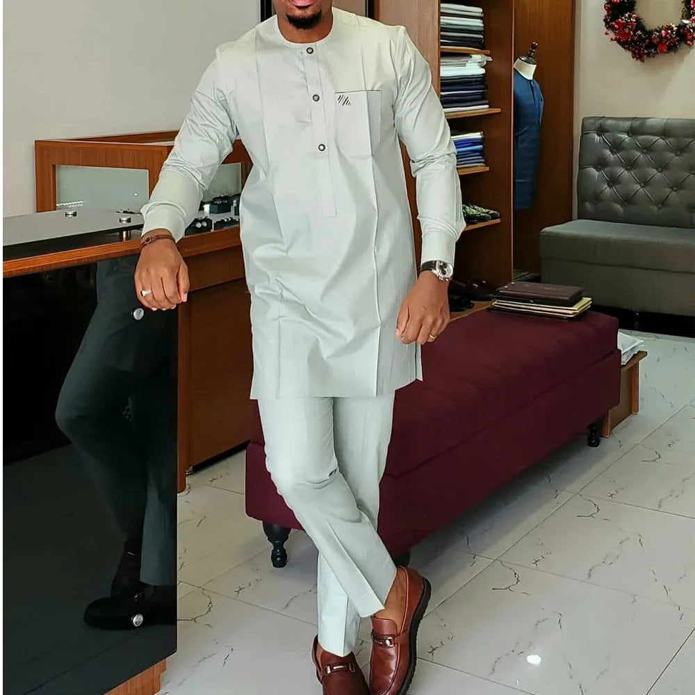 Amay New Kaunda Men's Set Fashionable and Elegant Men's Wedding Set Round Neck Long Sleeve Embroidered Men's Full Set Suit