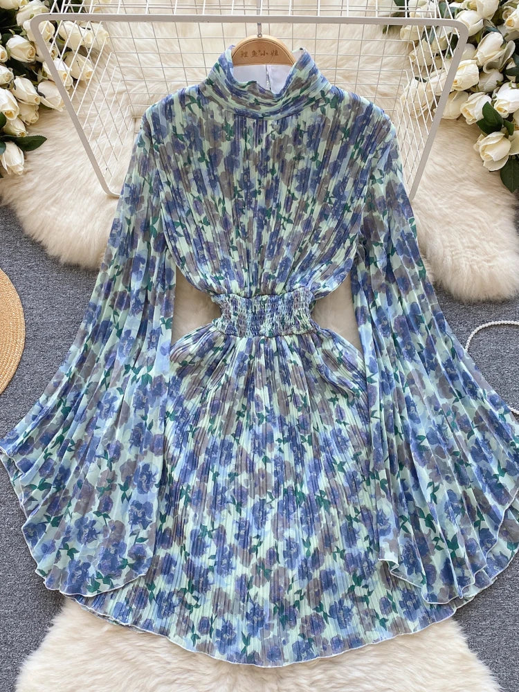 Women Beach Pleated Dress Spring Autumn Chiffon Flared Long Sleeve Elastic Short Dresses Ladies Vintage High Waisted Party Robe